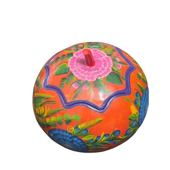 Handcrafted Mexican Painted Gourd Bowl With Floral Design - Picture 2 of 7